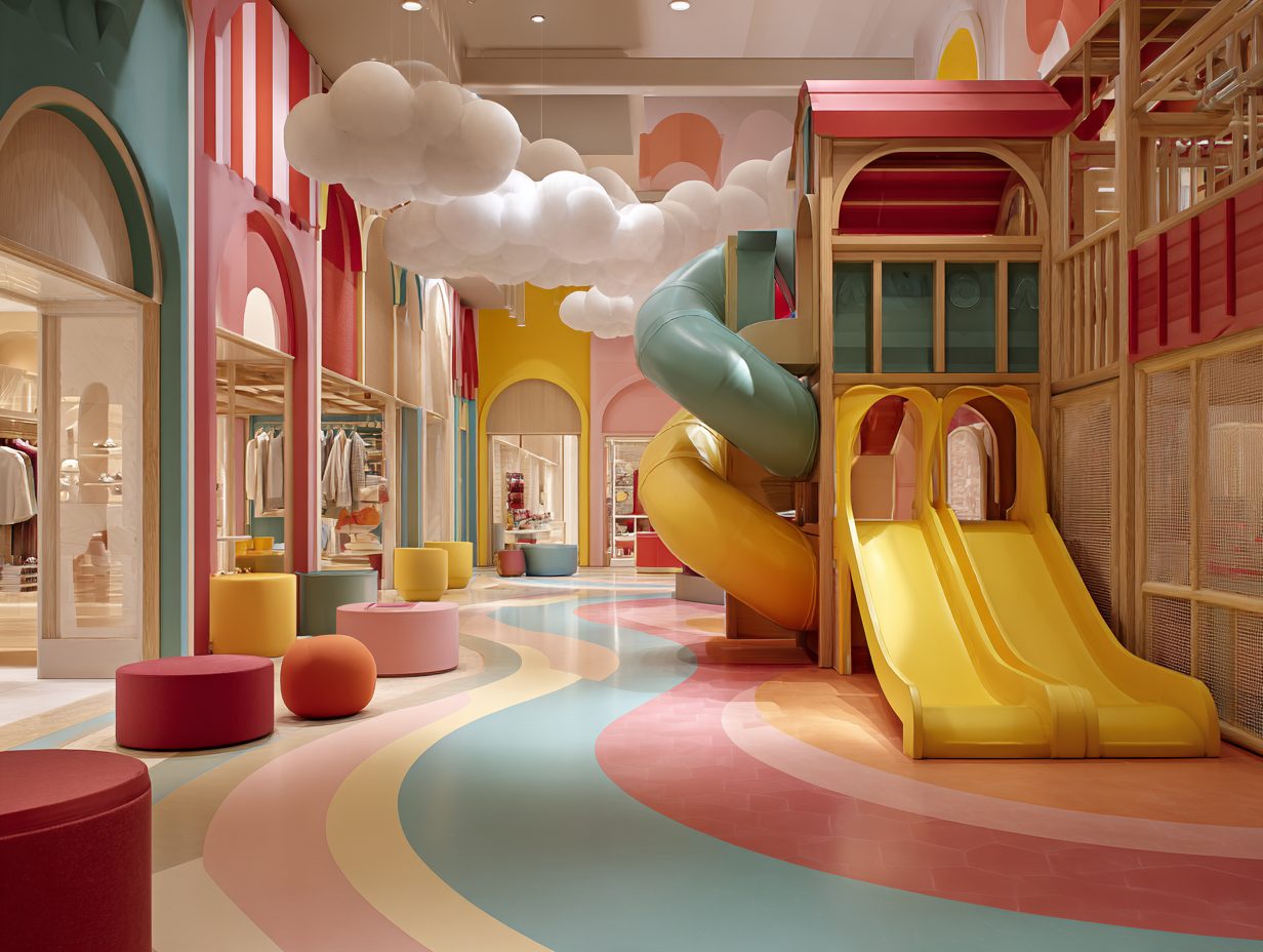 Family area in a shopping mall with slide and clouds
