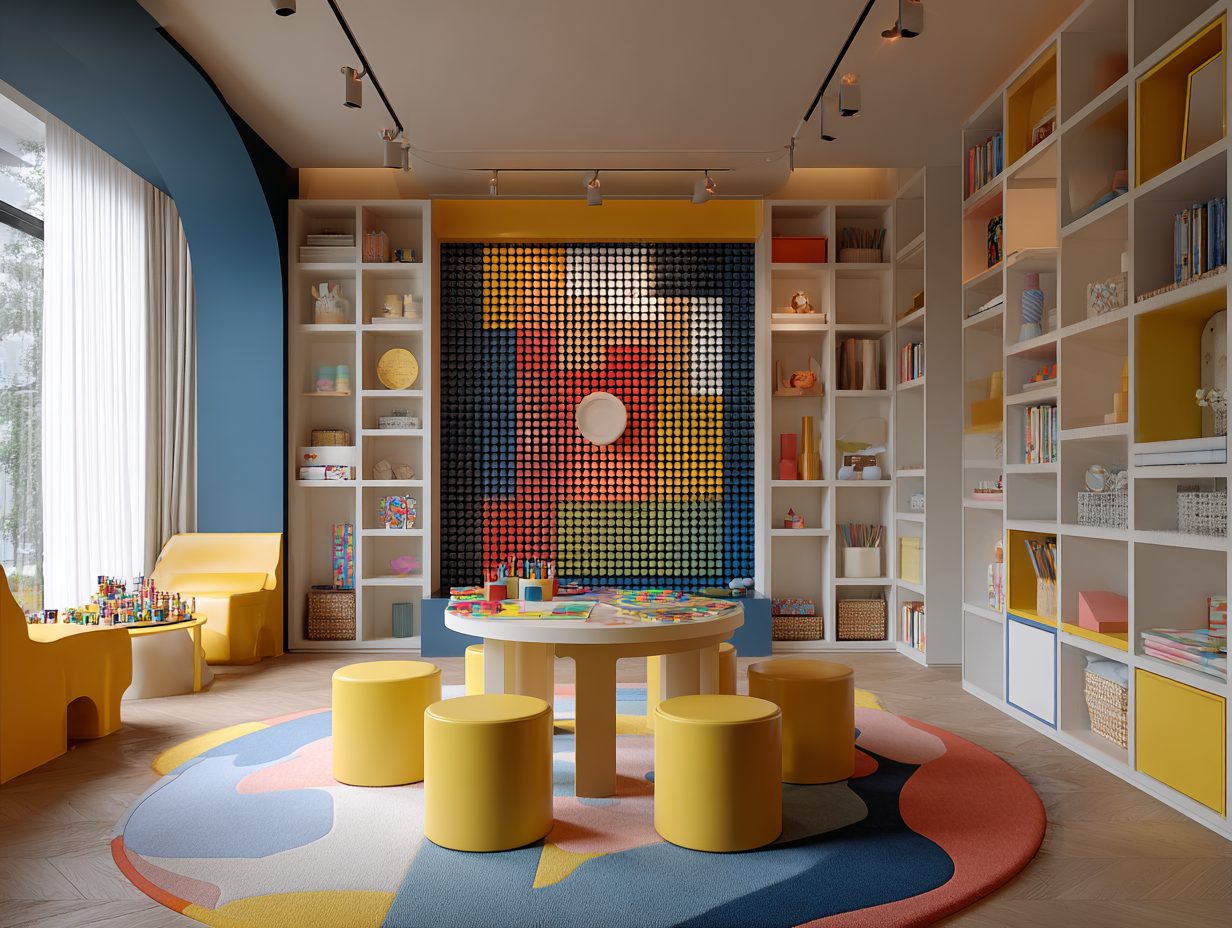 Nursery classroom with colourful play wall and activity table