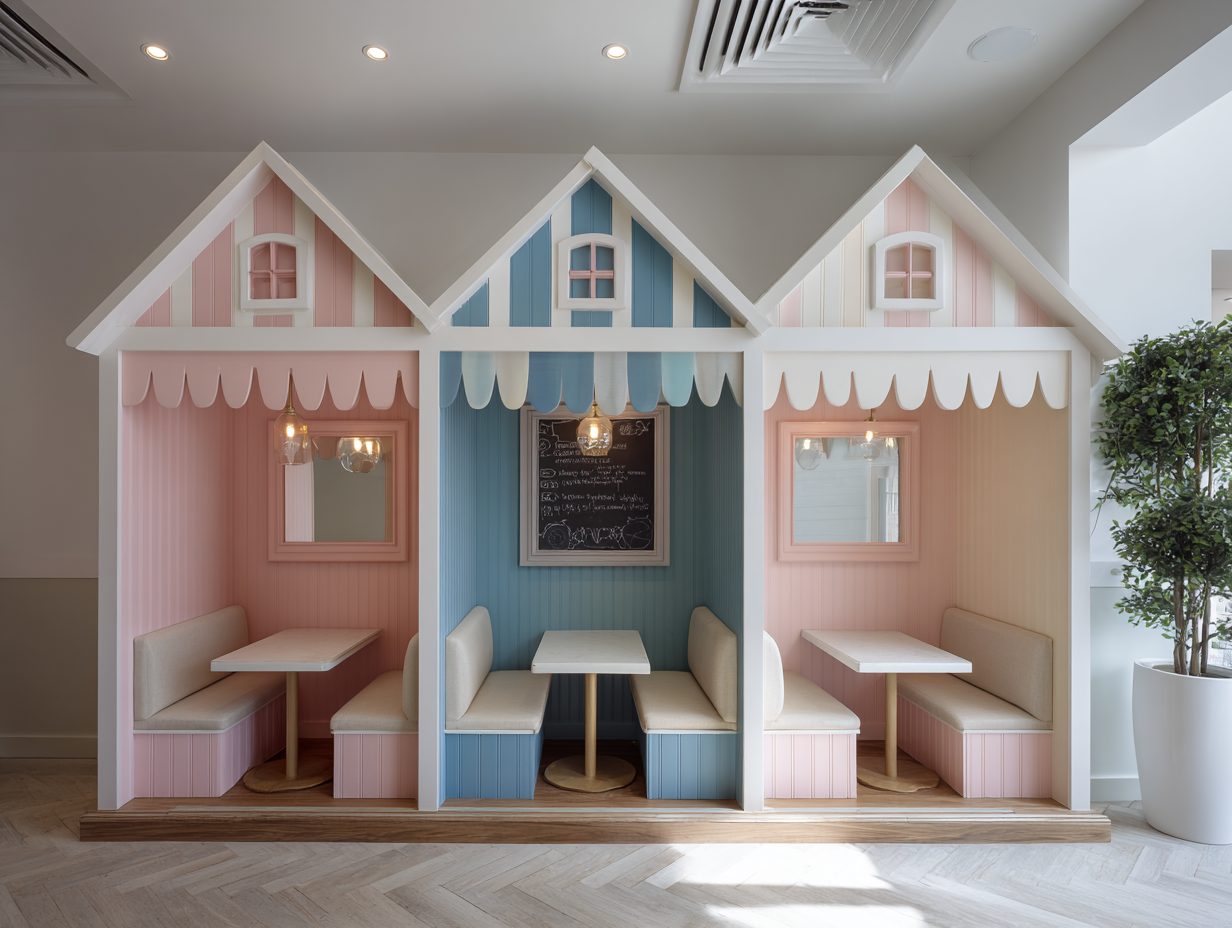 Retail kids corner with pastel playhouses and benches
