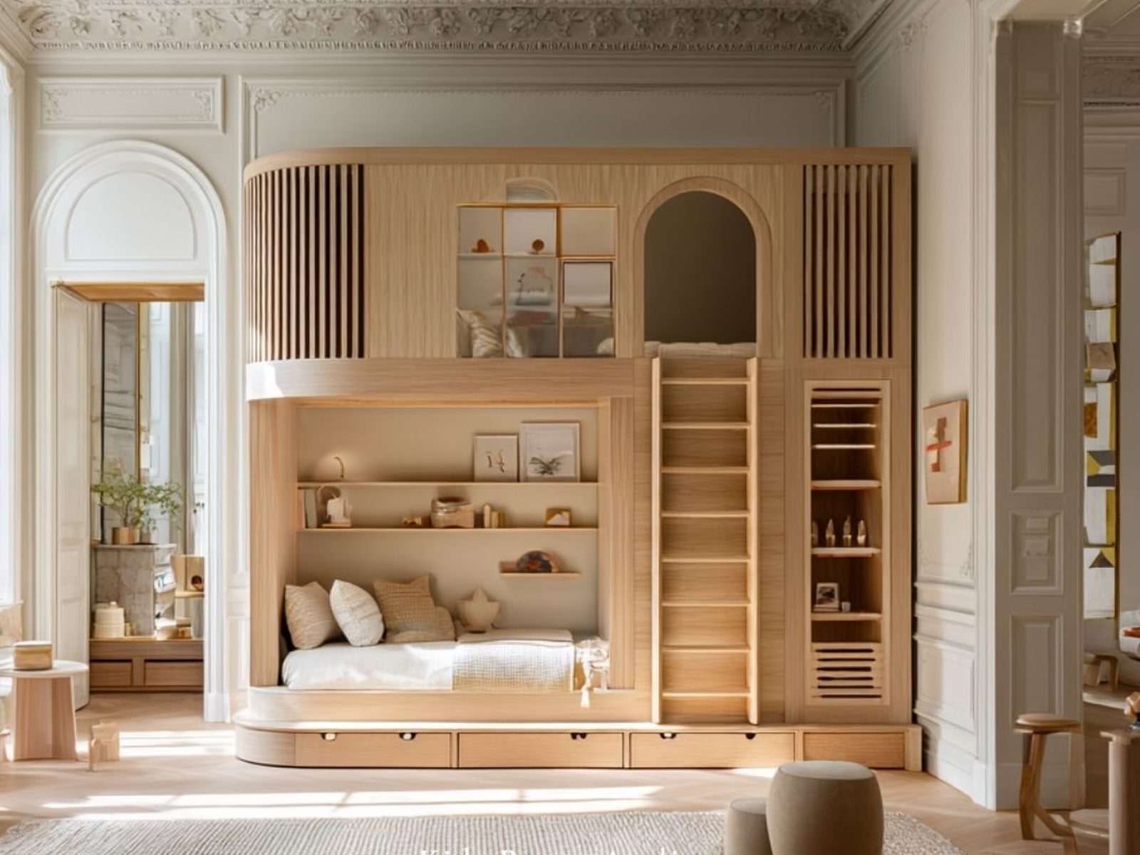 Cameretta su misura in rovere chiaro in un palazzo d'epoca