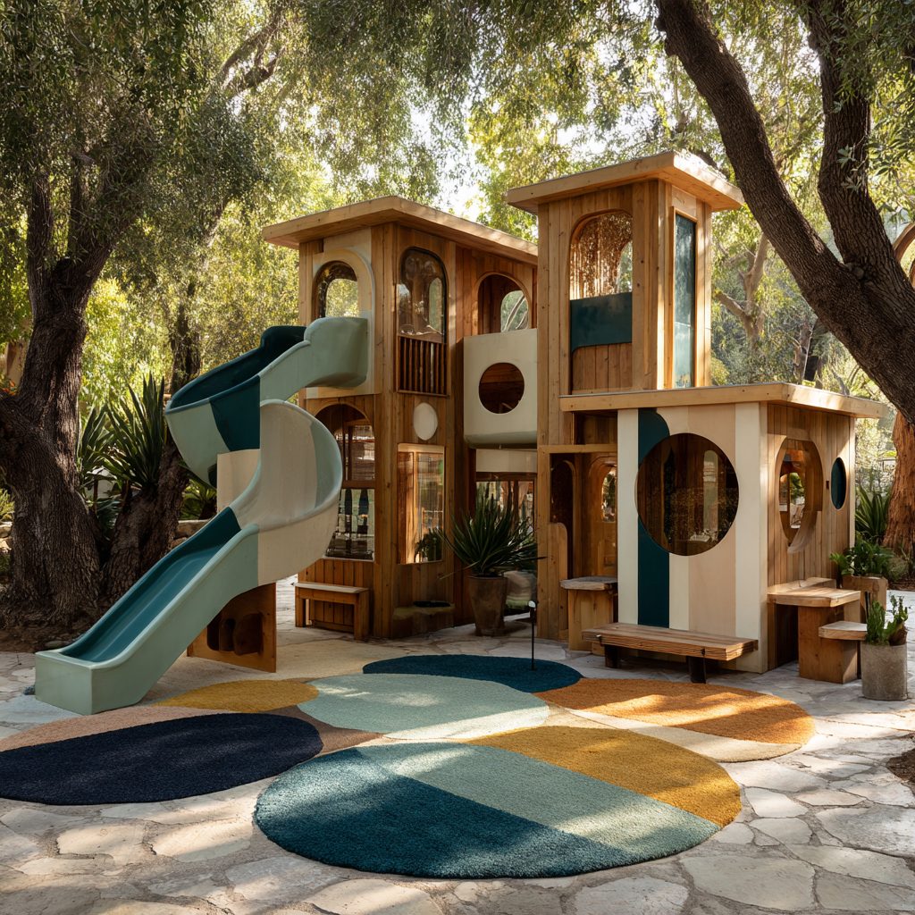 Casa gioco outdoor in legno naturale con scivolo