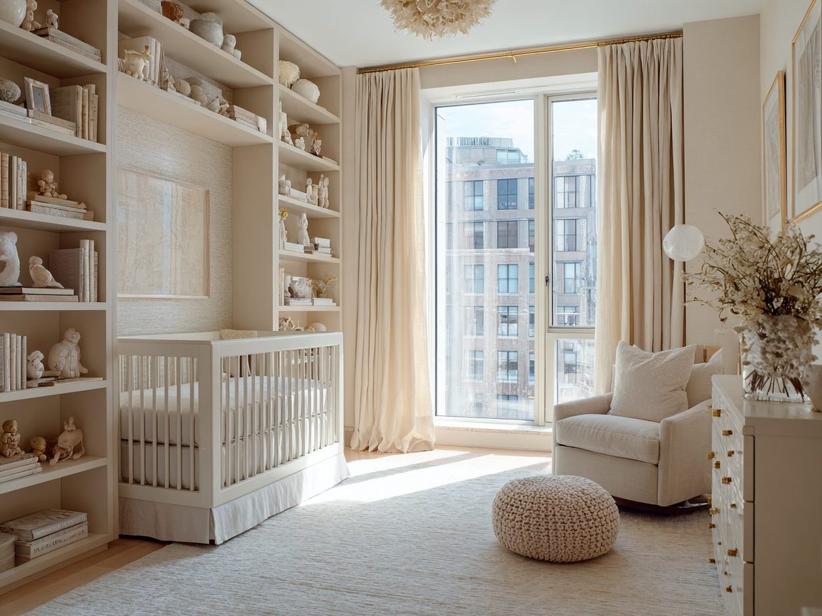 Nursery luminosa con pareti libreria su misura e culla