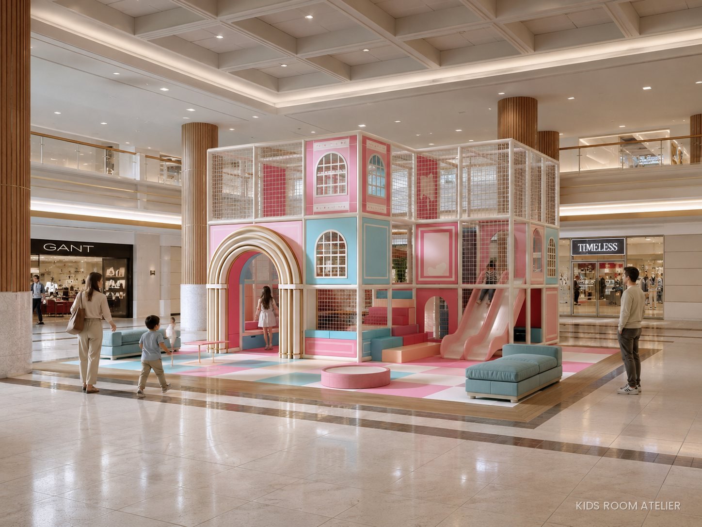 Padiglione gioco a torre colorato in un centro commerciale