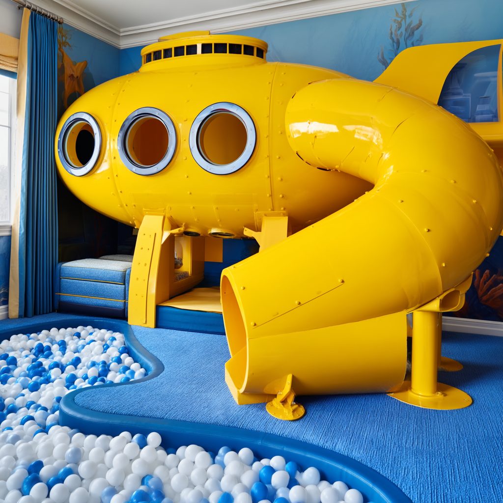 Sottomarino giallo su misura con scivolo e ball pit