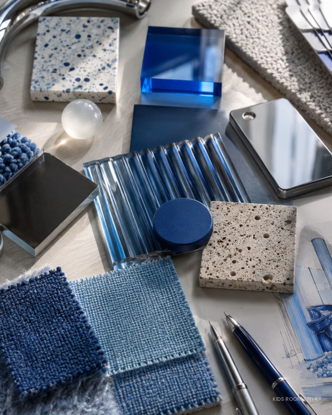 Moodboard materiali e palette blu