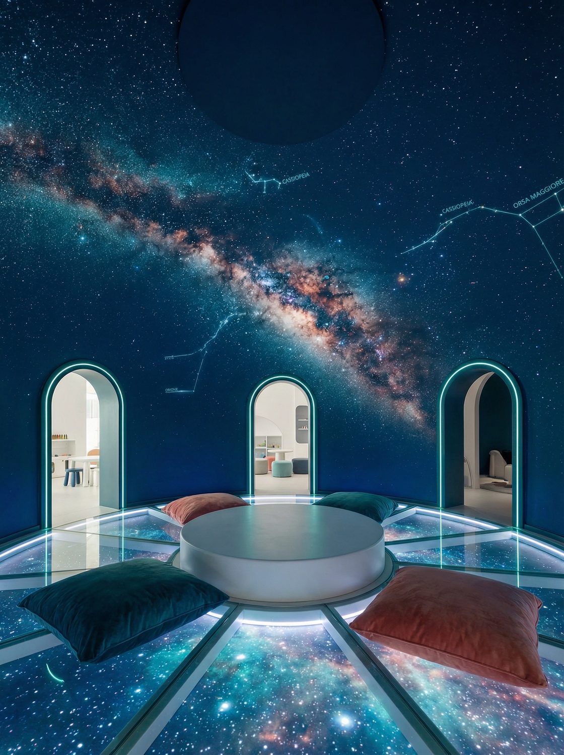 Planetario interno con divano circolare e cielo stellato