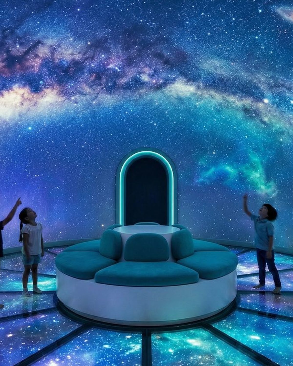 Experience room immersiva a tema galassia con archi luminosi