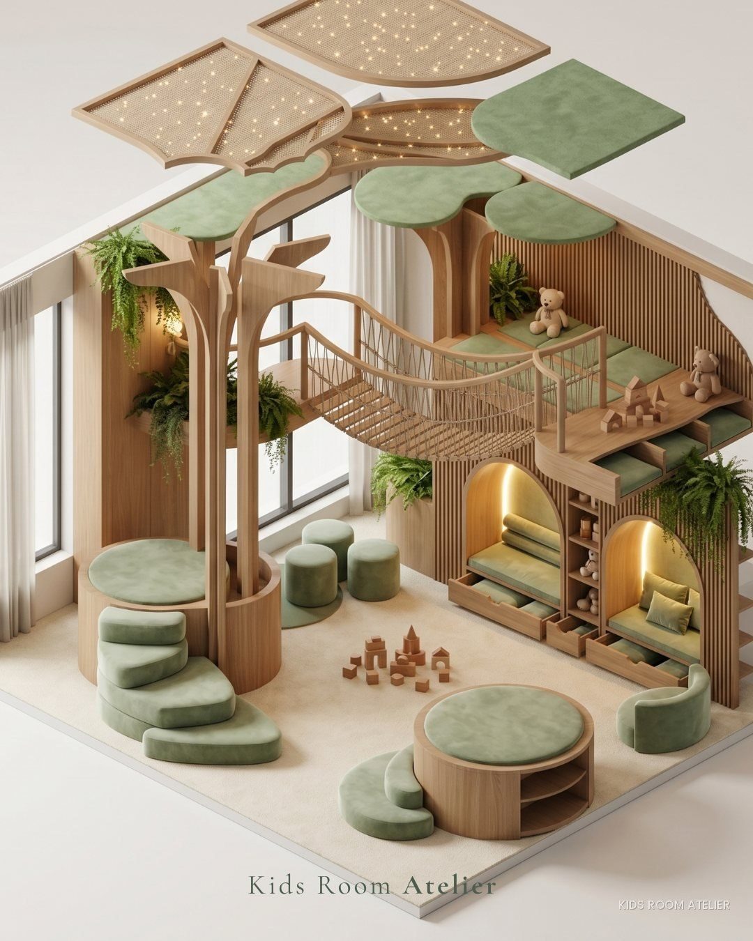 Axonometric of the kids club with tree bookcases, a walkway and reading nooks