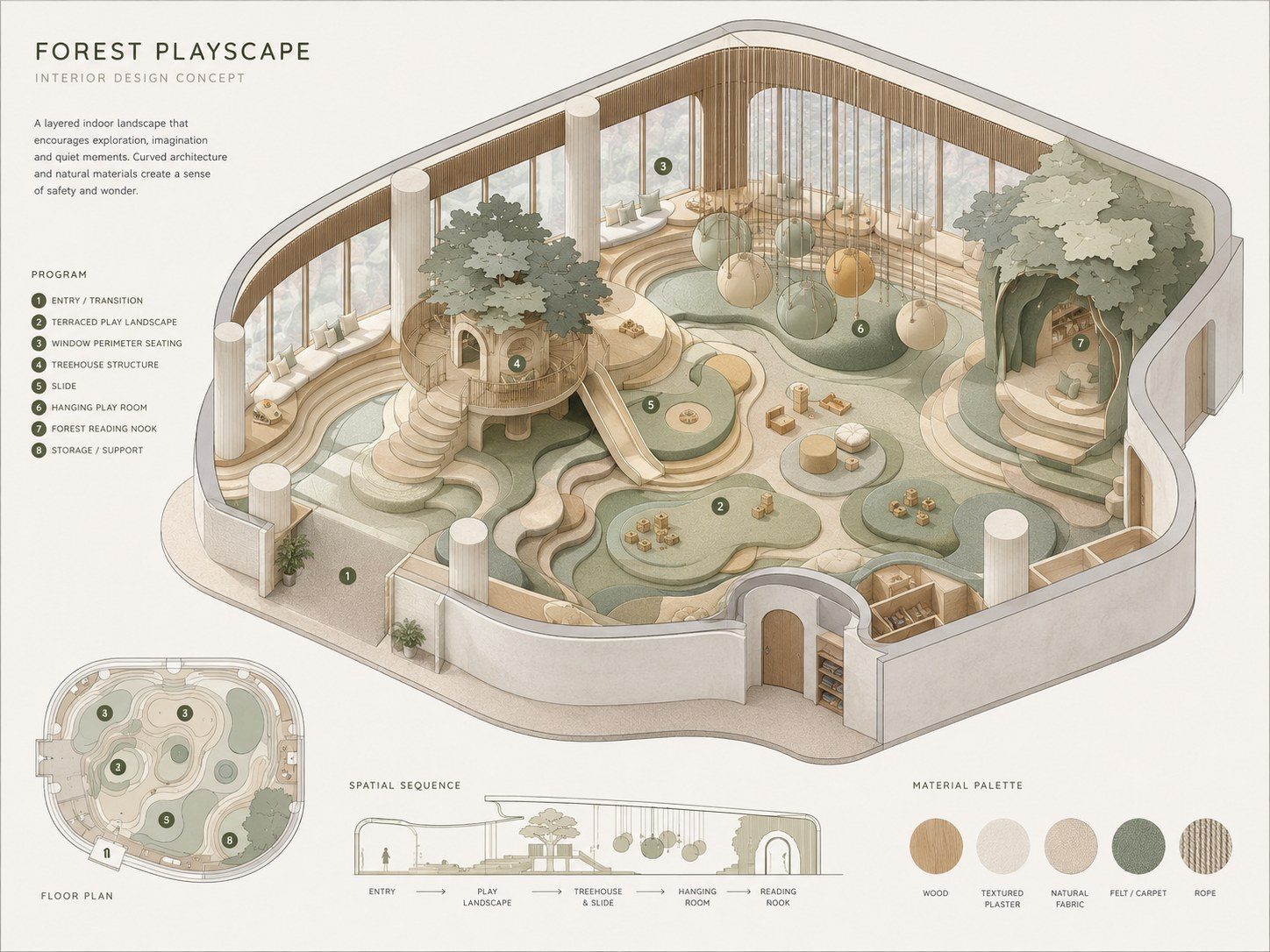 Axonometric of the project with the programme of spaces, plan, spatial sequence and materials