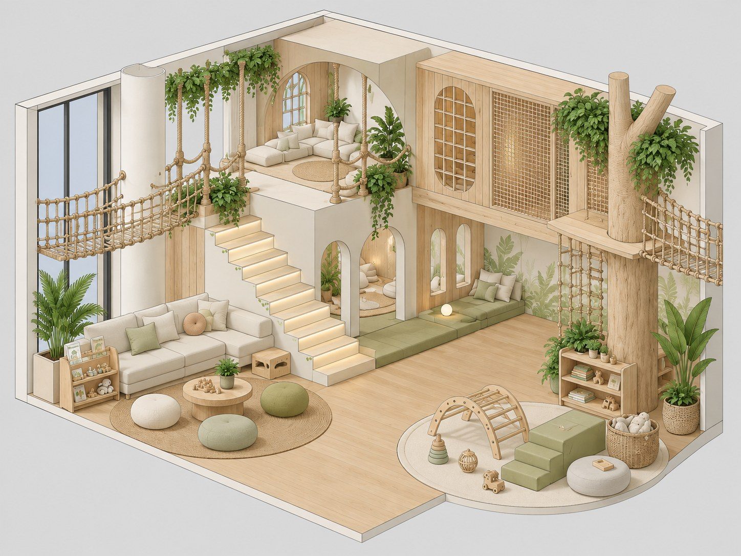 Axonometric of the La Foresta kids club, with the loft, rope bridges and central tree