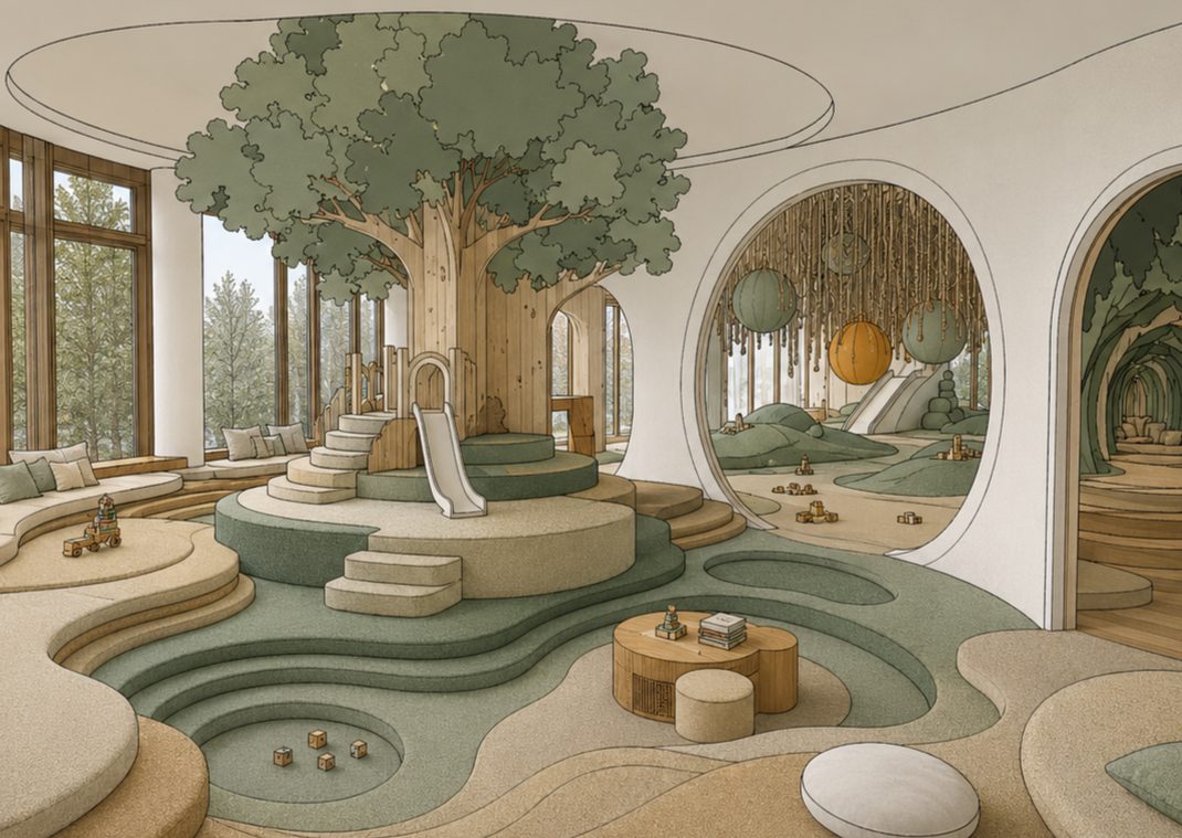 Interior design di uno spazio per bambini e famiglie: grande albero in legno con scivolo, pedane morbide a curve di livello e archi verso altre stanze