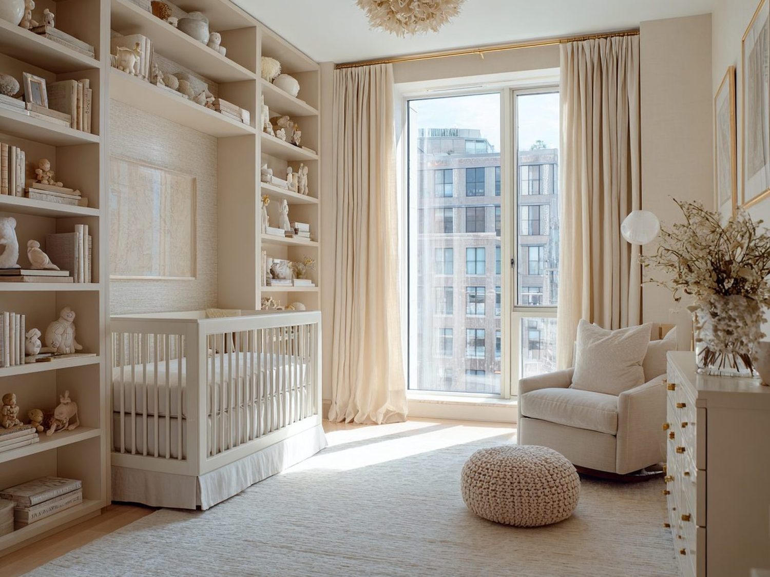 Nursery su misura con culla, poltrona e libreria a parete
