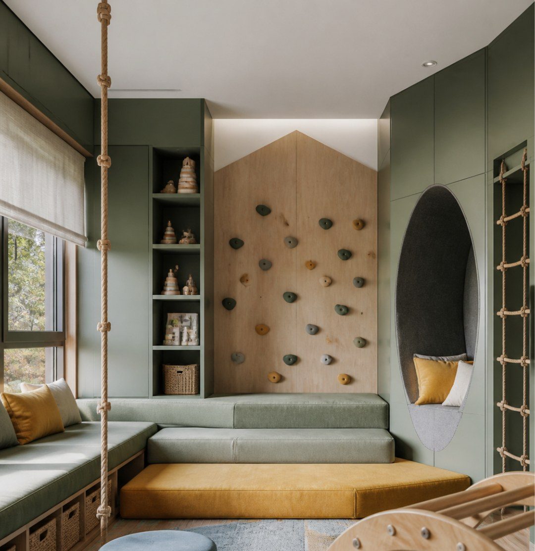 Sala gioco in verde salvia con parete d’arrampicata, nicchia di lettura e sedute a gradoni