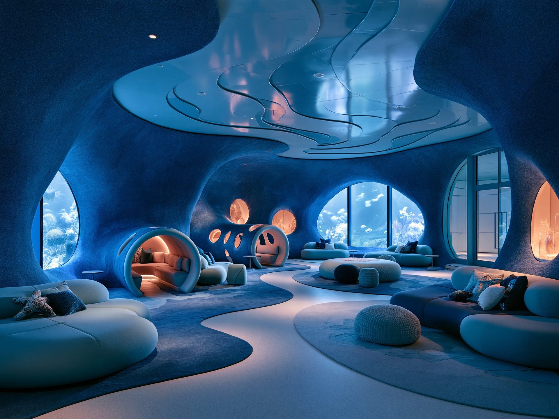 Sala immersiva in toni blu con pareti scultoree, nicchie luminose e sedute morbide