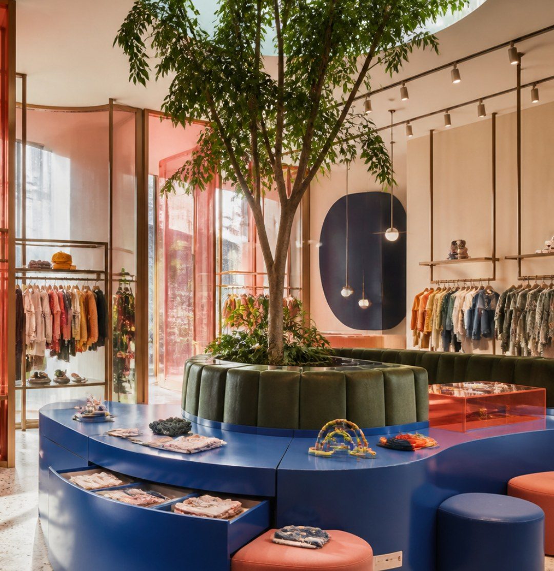 Children’s boutique with a blue central counter, green seating around a tree and coral poufs