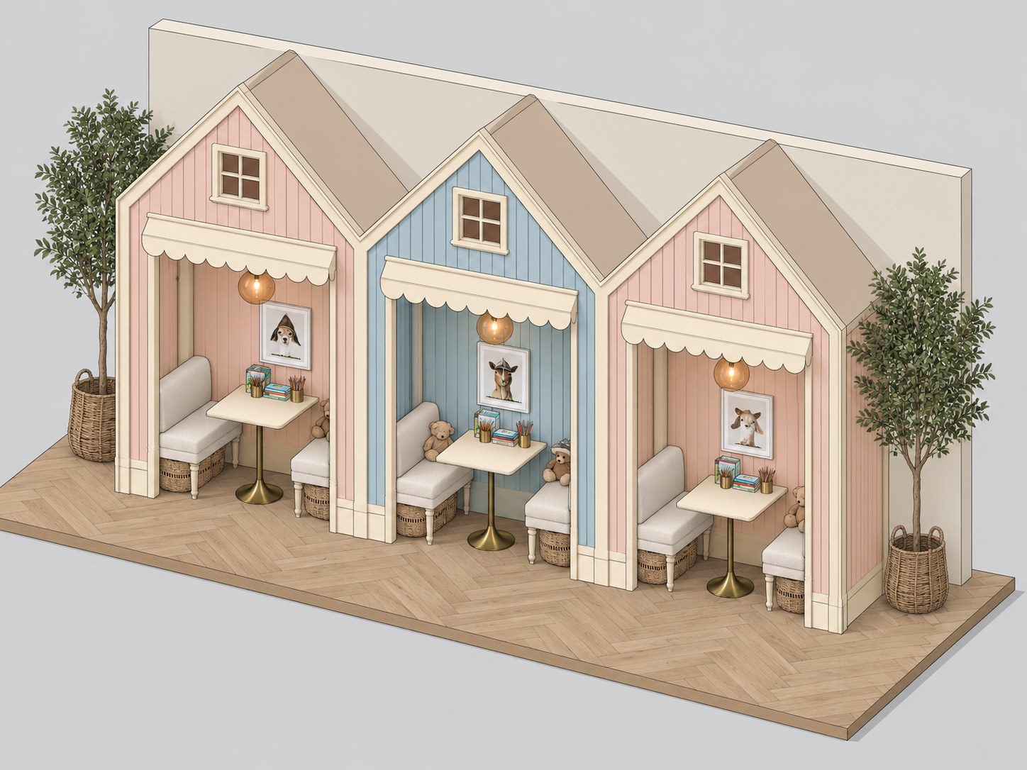 Axonometric of the three booth houses with benches, tables and plants